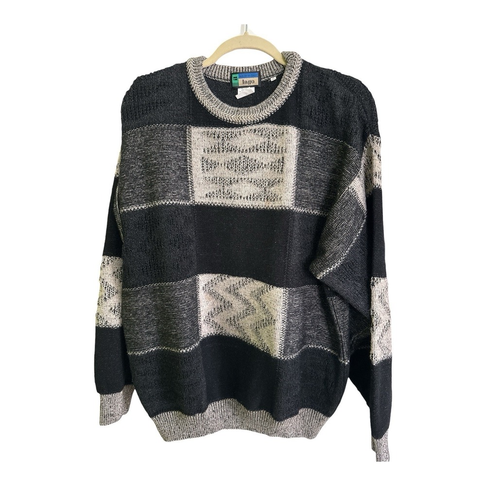 Vintage Lago Italy Black Gray 50% Wool Patchwork Sweater Grandpa Sz Large